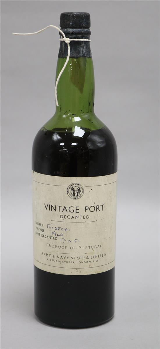 An Army and Navy stores Fonseca 1920 vintage port, date decanted 17/12/1951
